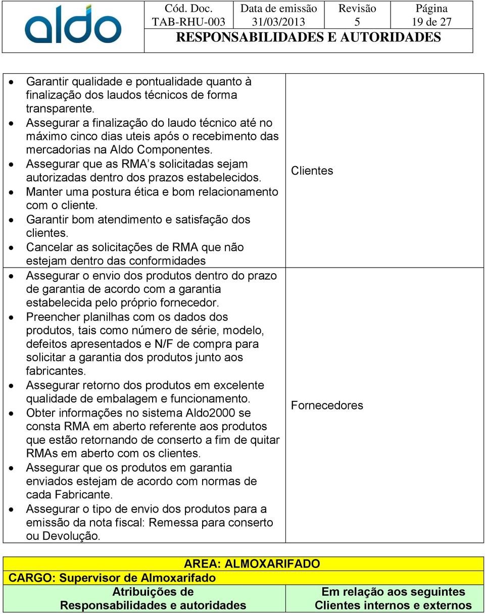 Assegurar que as RMA s solicitadas sejam autorizadas dentro dos prazos estabelecidos. Manter uma postura ética e bom relacionamento com o cliente. Garantir bom atendimento e satisfação dos clientes.