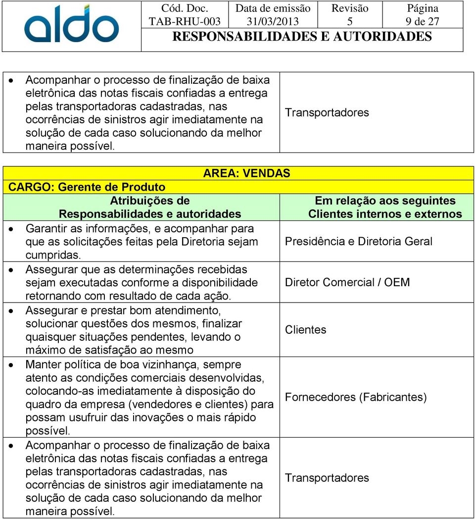 Transportadores AREA: VENDAS CARGO: Gerente de Produto Garantir as informações, e acompanhar para que as solicitações feitas pela Diretoria sejam cumpridas.