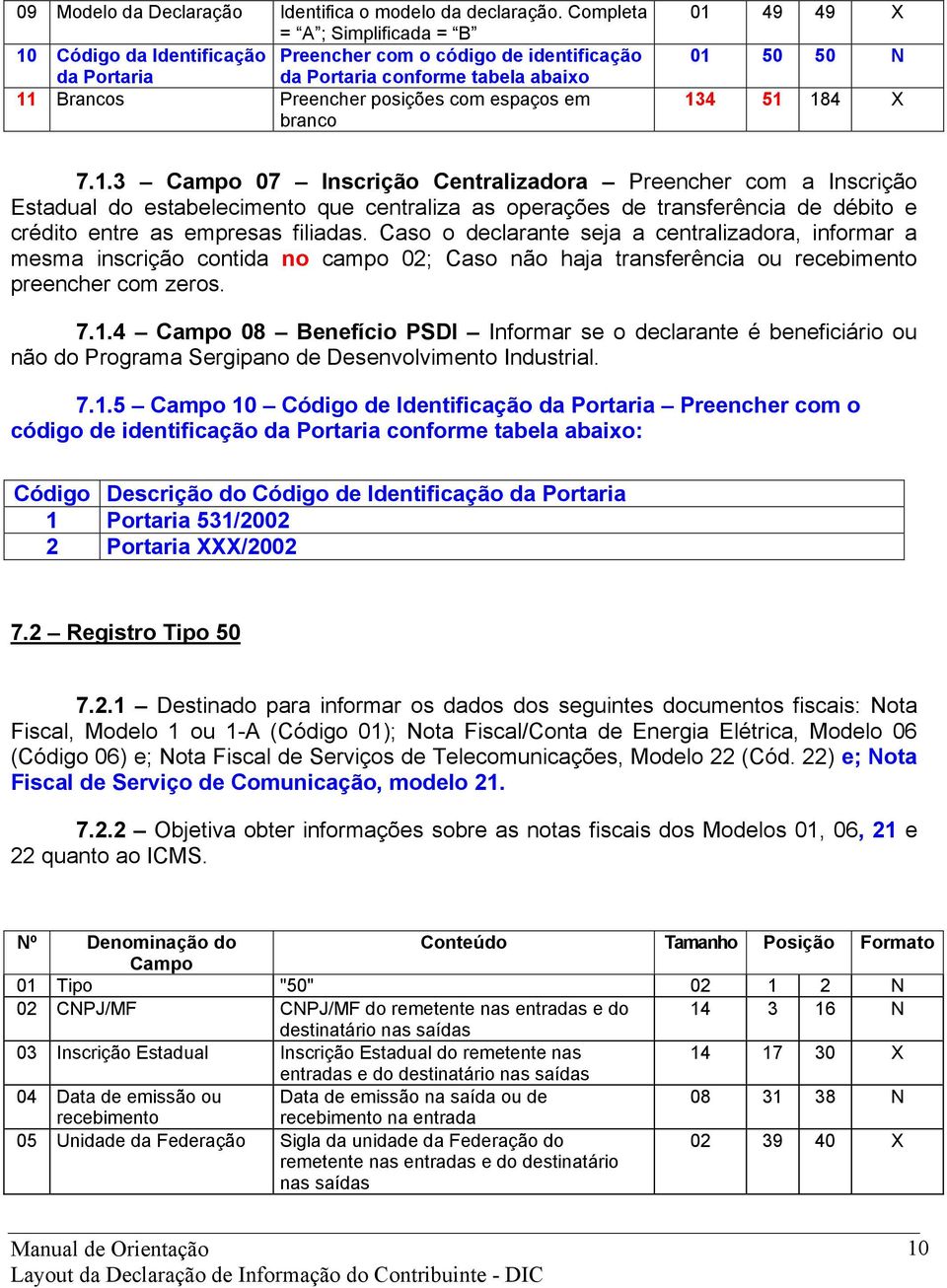 01 49 49 X 01 50 50 N 134 51 184 X 7.1.3 Campo 07 Inscrição Centralizadora Preencher com a Inscrição Estadual do estabelecimento que centraliza as operações de transferência de débito e crédito entre as empresas filiadas.