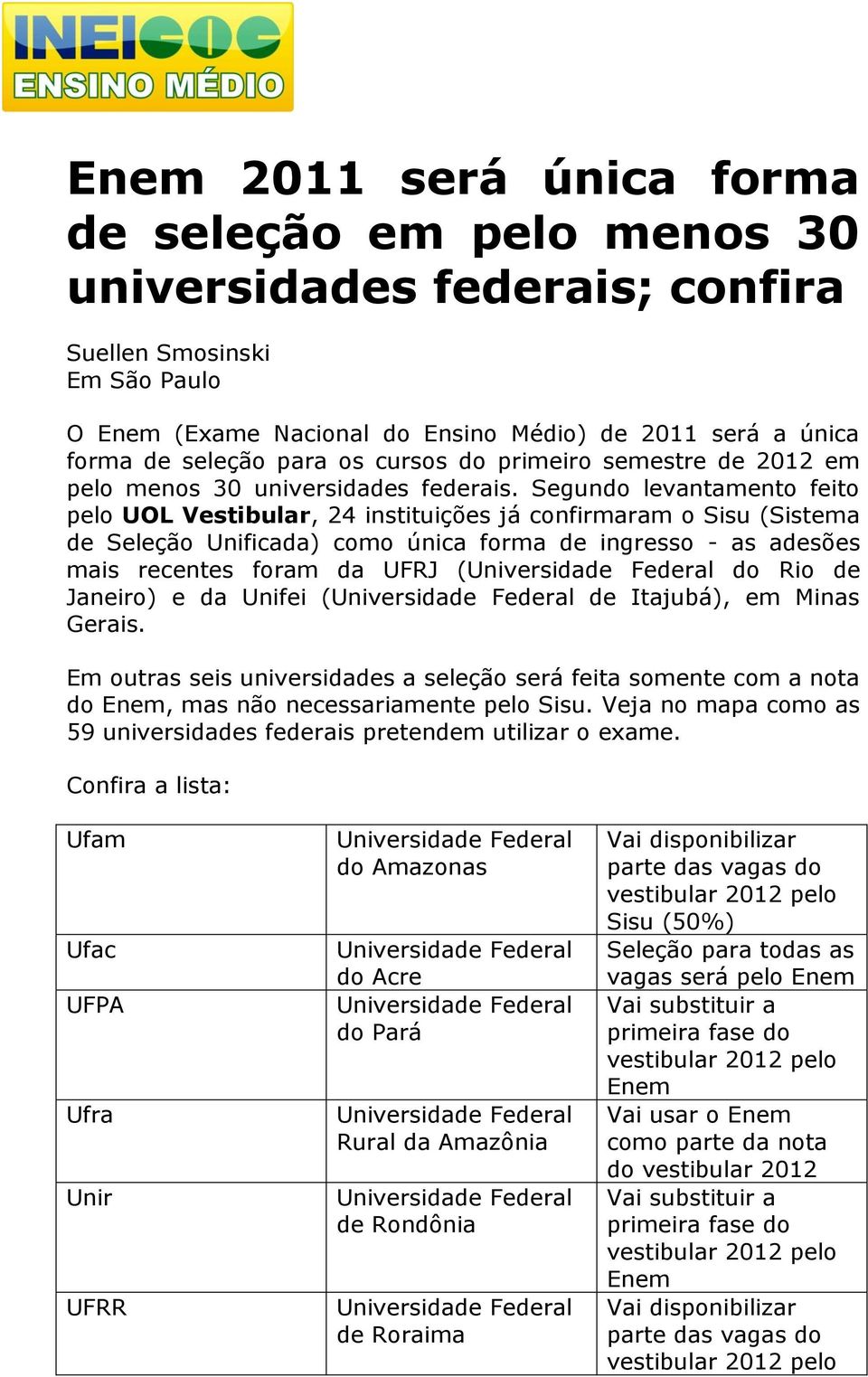 Segundo levantamento feito pelo UOL Vestibular, 24 instituições já confirmaram o (Sistema de Seleção Unificada) como única forma de ingresso - as adesões mais recentes foram da UFRJ ( do Rio de