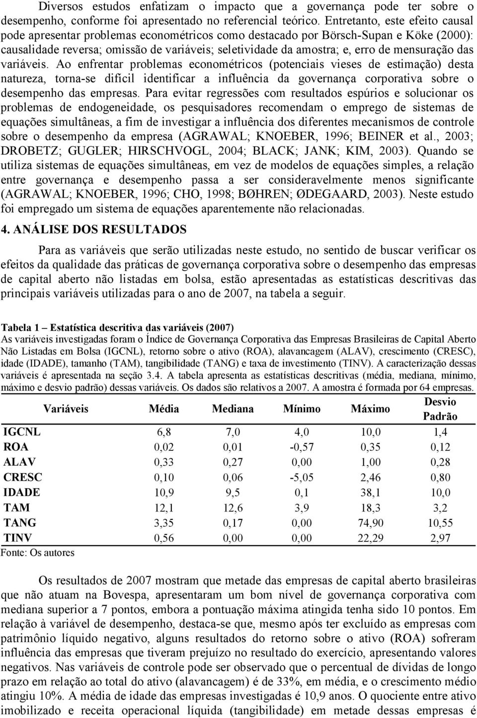 das varáves. Ao enfrentar problemas econométrcos (potencas veses de estmação) desta natureza, torna-se dfícl dentfcar a nfluênca da governança corporatva sobre o desempenho das empresas.