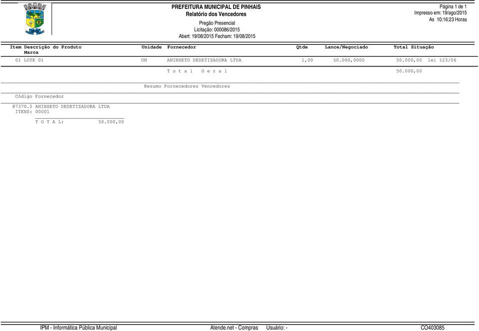 000,00 lei 123/06 T o t a l G e r a l 50.000,00 Resumo Fornecedores Vencedores Código Fornecedor 87370.
