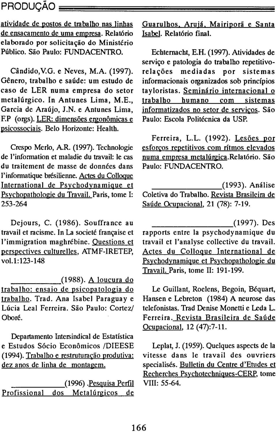 LER: dimensões eigonôrnicas e psicossociais. Belo Horizonte: Health. Crespo Merlo, AR. (1997).