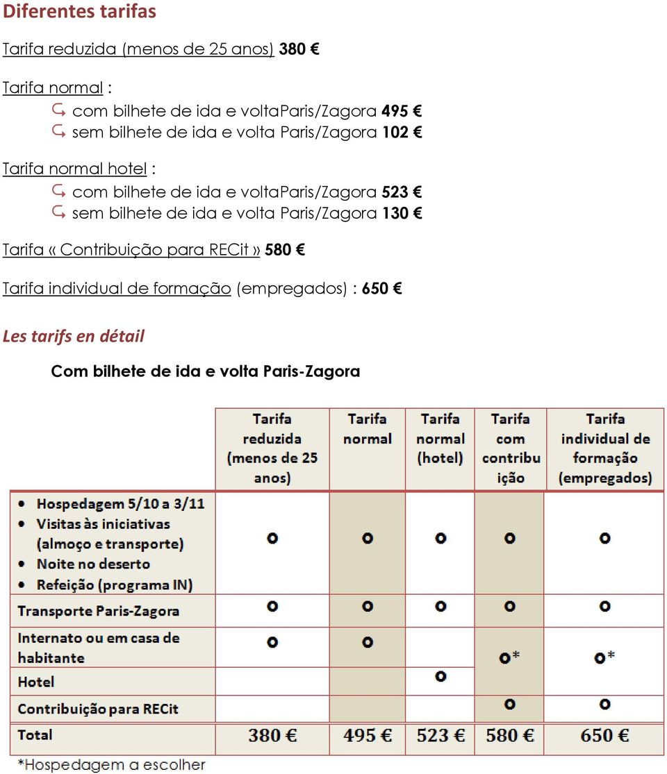 ida e voltaparis/zagora 523 sem bilhete de ida e volta Paris/Zagora 130 Tarifa «Contribuição para