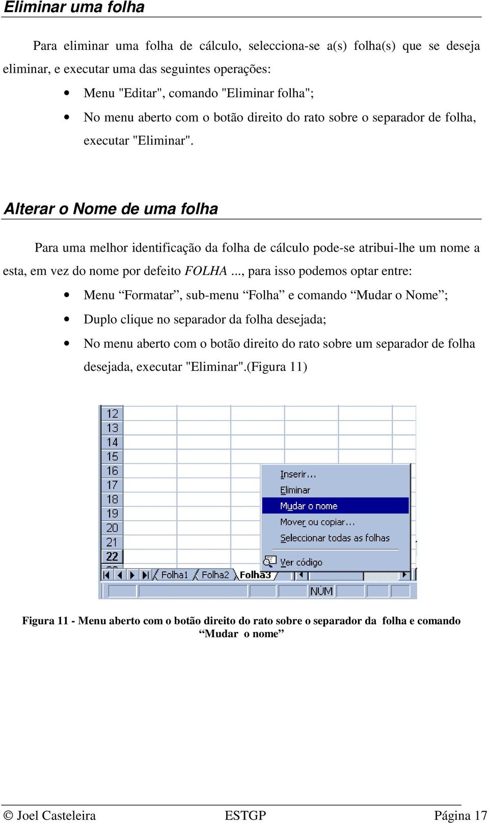 Alterar o Nome de uma folha Para uma melhor identificação da folha de cálculo pode-se atribui-lhe um nome a esta, em vez do nome por defeito FOLHA.