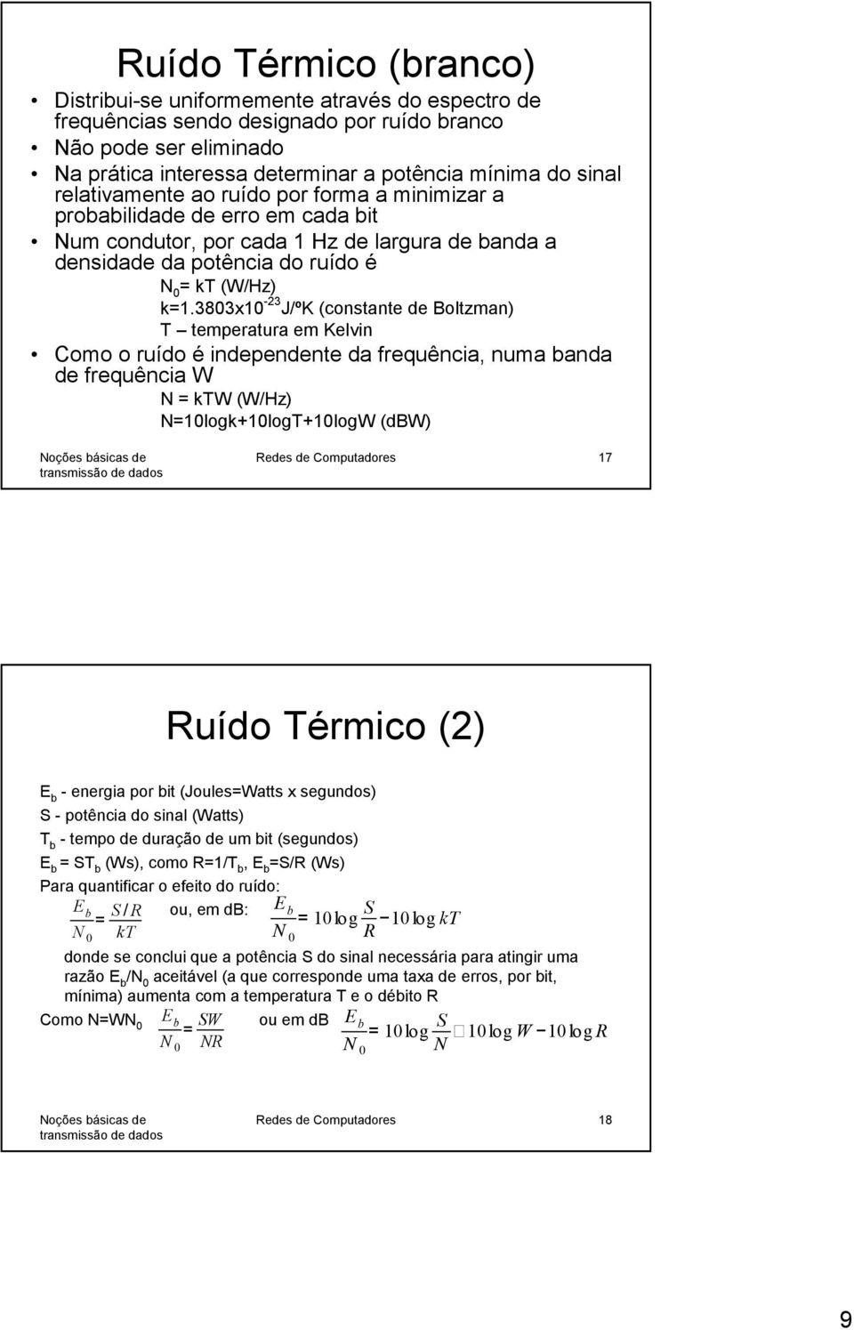 3803x10-23 J/ºK (constante de Boltzman) T temperatura em Kelvin Como o ruído é independente da frequência, numa banda de frequência W N = ktw (W/Hz) N=10logk+10logT+10logW (dbw) Redes de Computadores