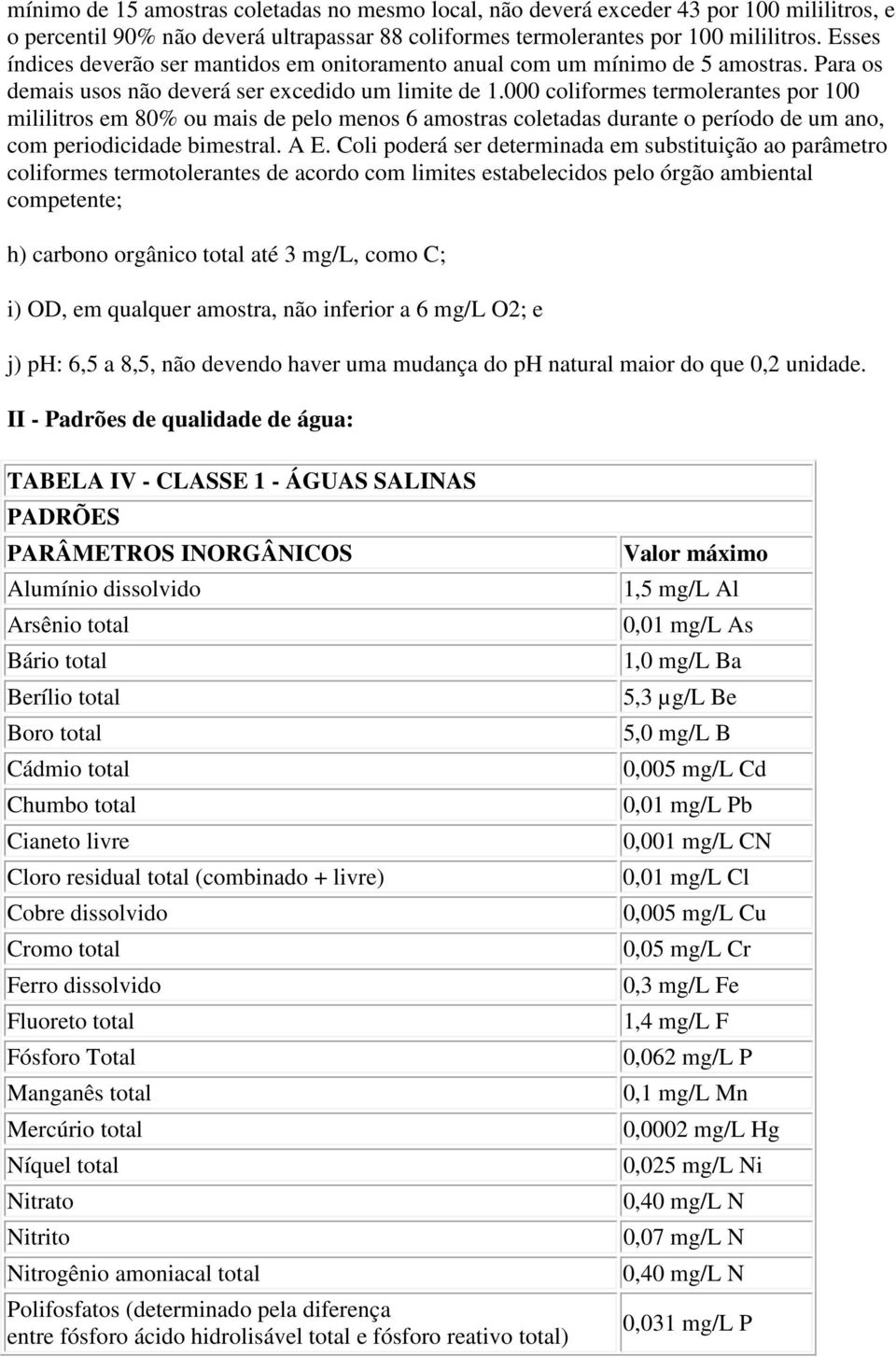 000 coliformes termolerantes por 100 mililitros em 80% ou mais de pelo menos 6 amostras coletadas durante o período de um ano, com periodicidade bimestral. A E.