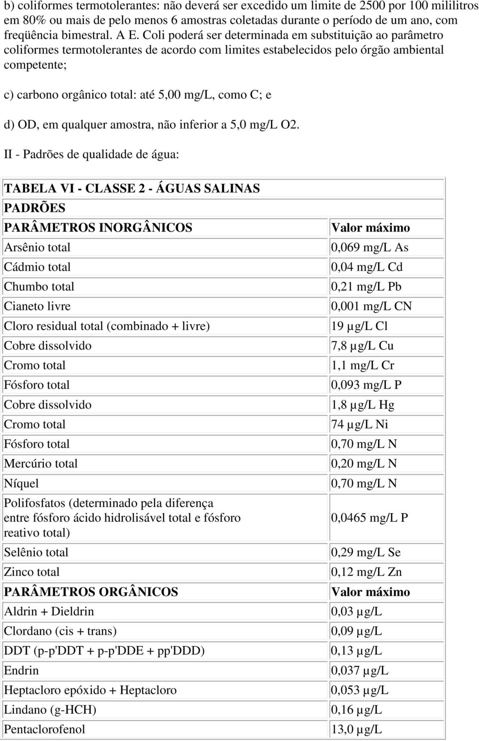 como C; e d) OD, em qualquer amostra, não inferior a 5,0 mg/l O2.