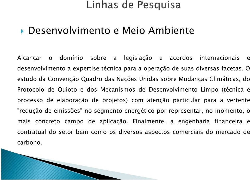 O estudo da Convenção Quadro das Nações Unidas sobre Mudanças Climáticas, do Protocolo de Quioto e dos Mecanismos de Desenvolvimento Limpo (técnica e