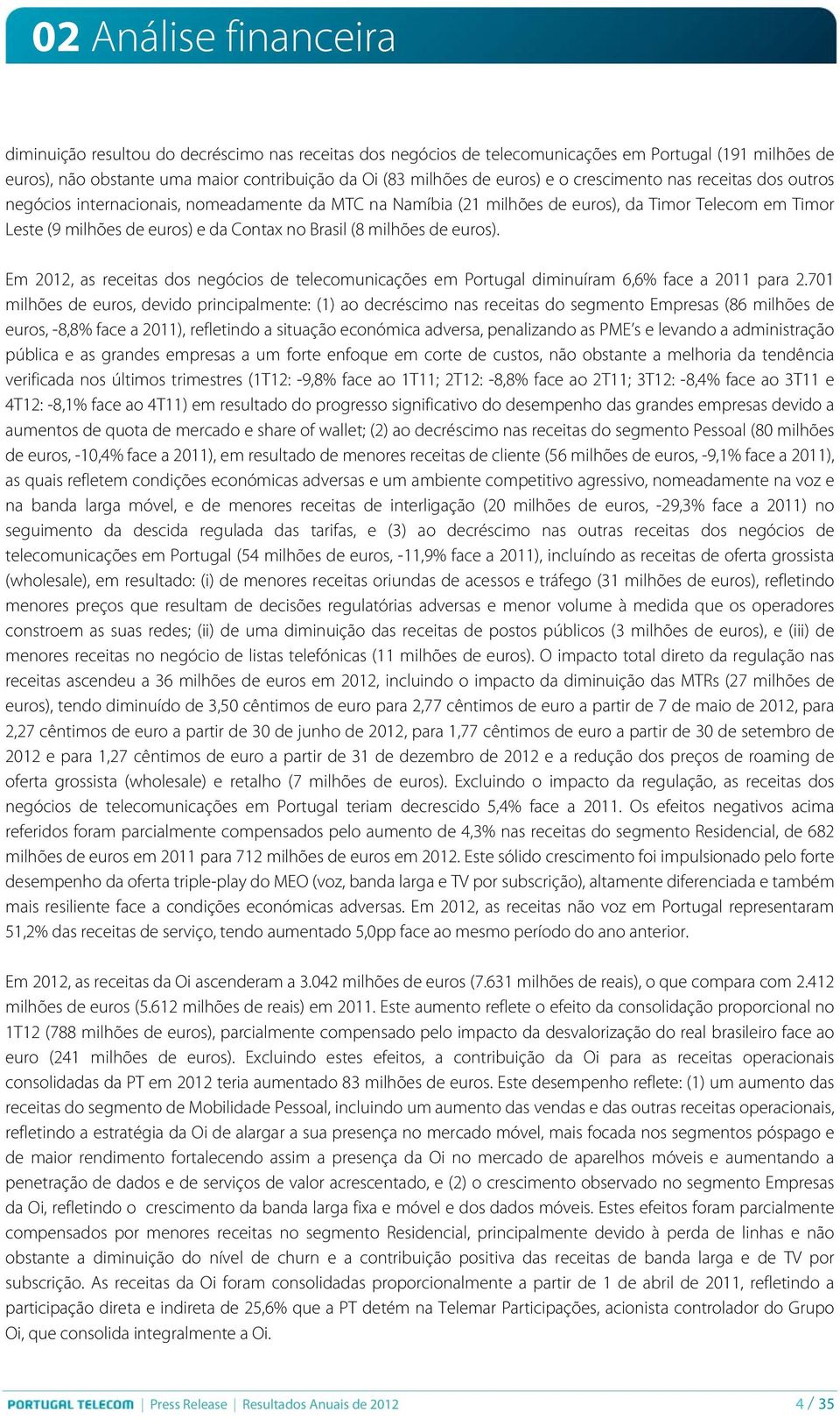 Brasil (8 milhões de euros). Em 2012, as receitas dos negócios de telecomunicações em Portugal diminuíram 6,6% face a 2011 para 2.