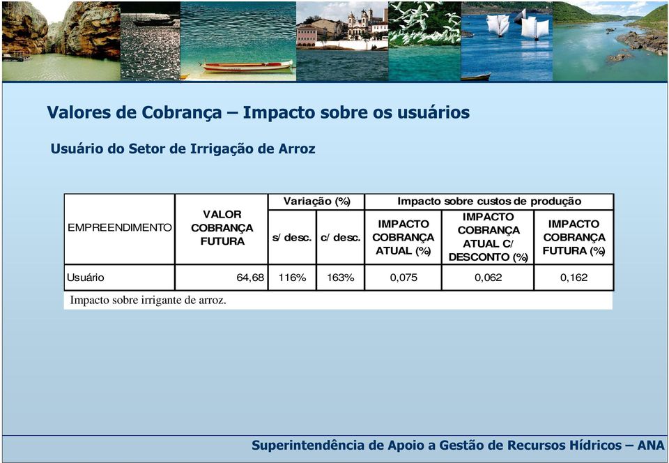 Impacto sobre custos de produção IMPACTO COBRANÇA ATUAL (%) IMPACTO COBRANÇA ATUAL C/