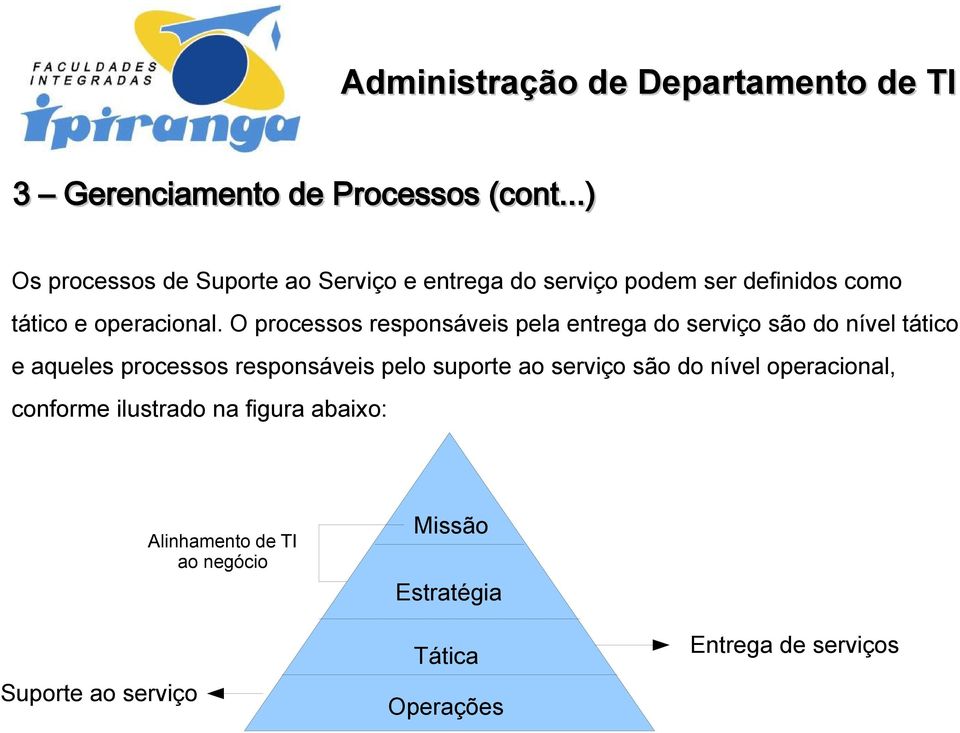 O processos responsáveis pela entrega do serviço são do nível tático e aqueles processos responsáveis pelo