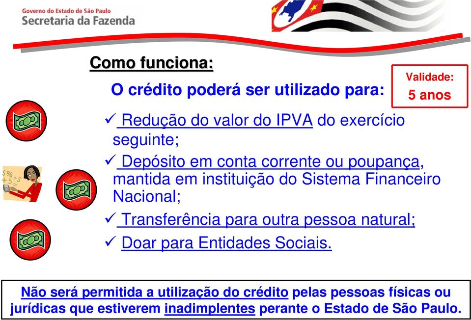 Nacional; Transferência para outra pessoa natural; Doar para Entidades Sociais.