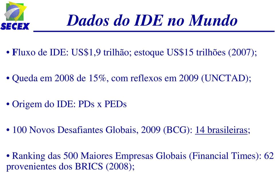 PDs x PEDs 100 Novos Desafiantes Globais, 2009 (BCG): 14 brasileiras; Ranking