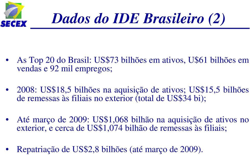 exterior (total de US$34 bi); Até março de 2009: US$1,068 bilhão na aquisição de ativos no exterior,