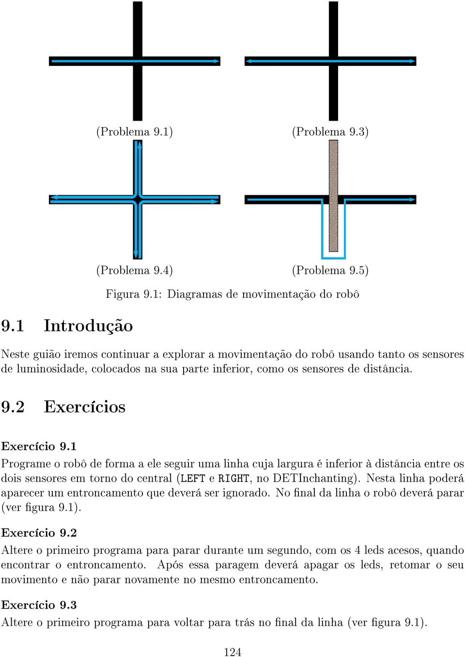 distância. 9.2 Exercícios Exercício 9.1 Programe o robô de forma a ele seguir uma linha cuja largura é inferior à distância entre os dois sensores em torno do central (LEFT e RIGHT, no DETInchanting).