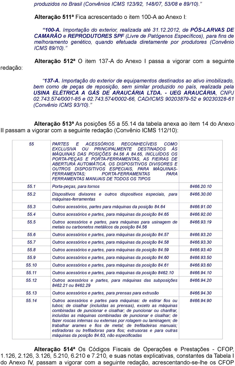 2012, de PÓS-LARVAS DE CAMARÃO e REPRODUTORES SPF (Livre de Patógenos Específicos), para fins de melhoramento genético, quando efetuada diretamente por produtores (Convênio ICMS 89/10).