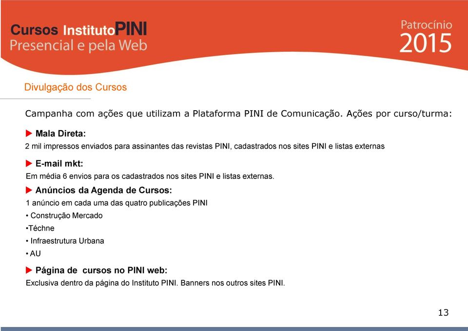 externas u E-mail mkt: Em média 6 envios para os cadastrados nos sites PINI e listas externas.