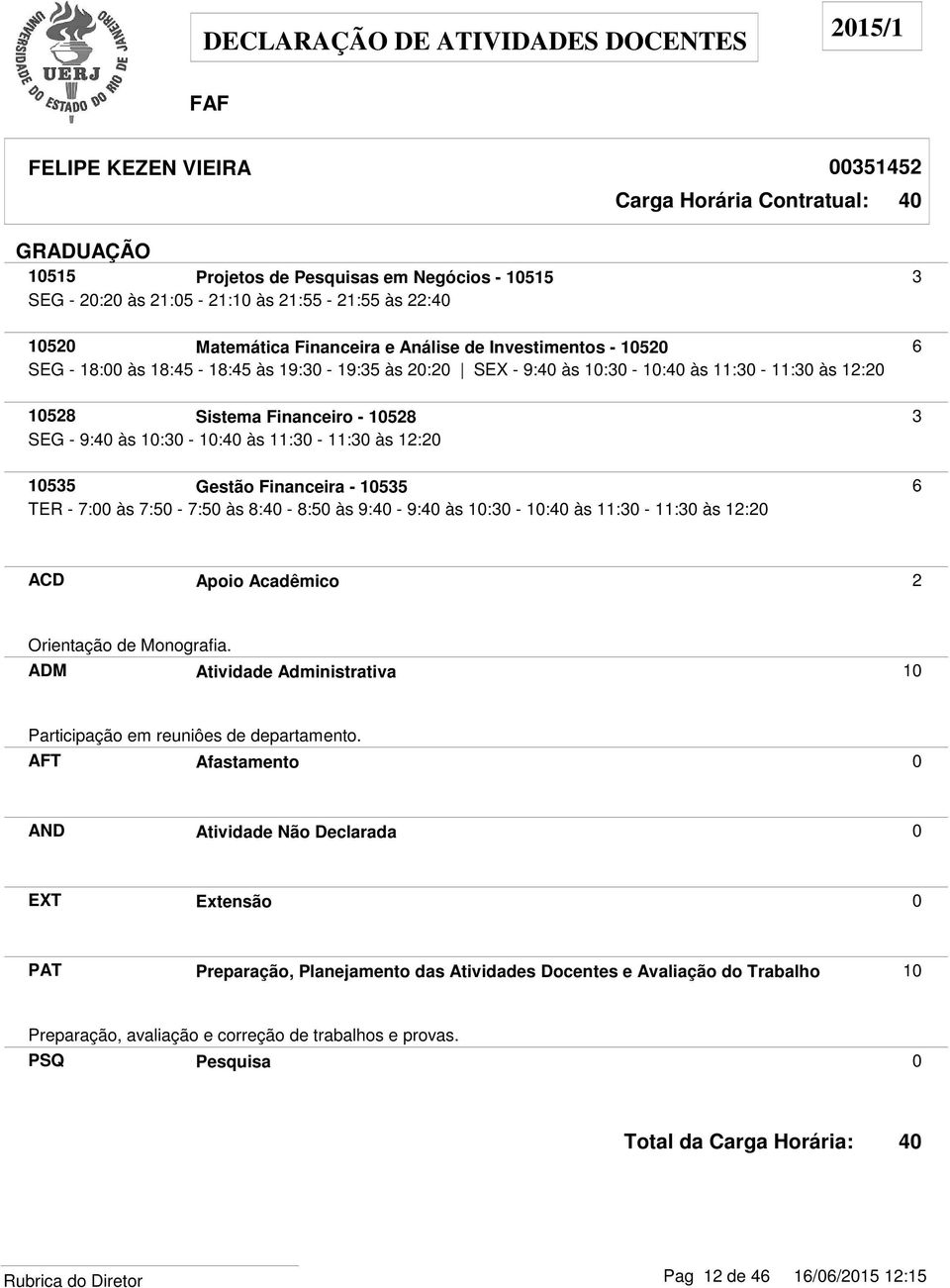 Financeira - 10535 6 TER - 7:00 às 7:50-7:50 às 8: - 8:50 às 9: - 9: às 10:30-10: às 11:30-11:30 às 12:20 ACD Apoio Acadêmico 2 Orientação de Monografia.