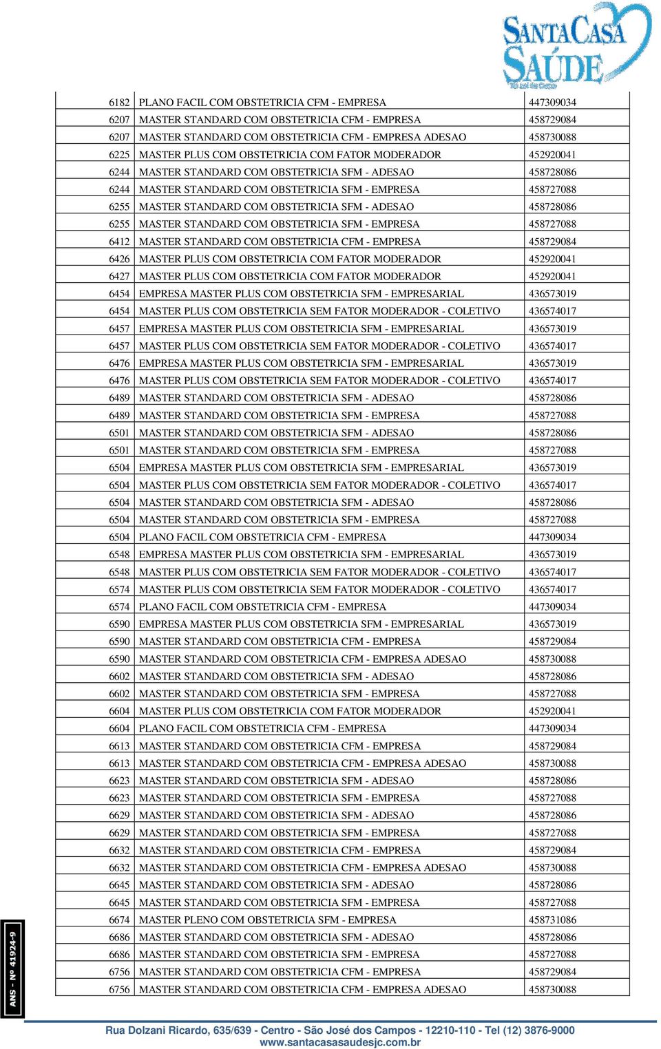 OBSTETRICIA SFM - ADESAO 458728086 6255 MASTER STANDARD COM OBSTETRICIA SFM - EMPRESA 458727088 6412 MASTER STANDARD COM OBSTETRICIA CFM - EMPRESA 458729084 6426 MASTER PLUS COM OBSTETRICIA COM FATOR