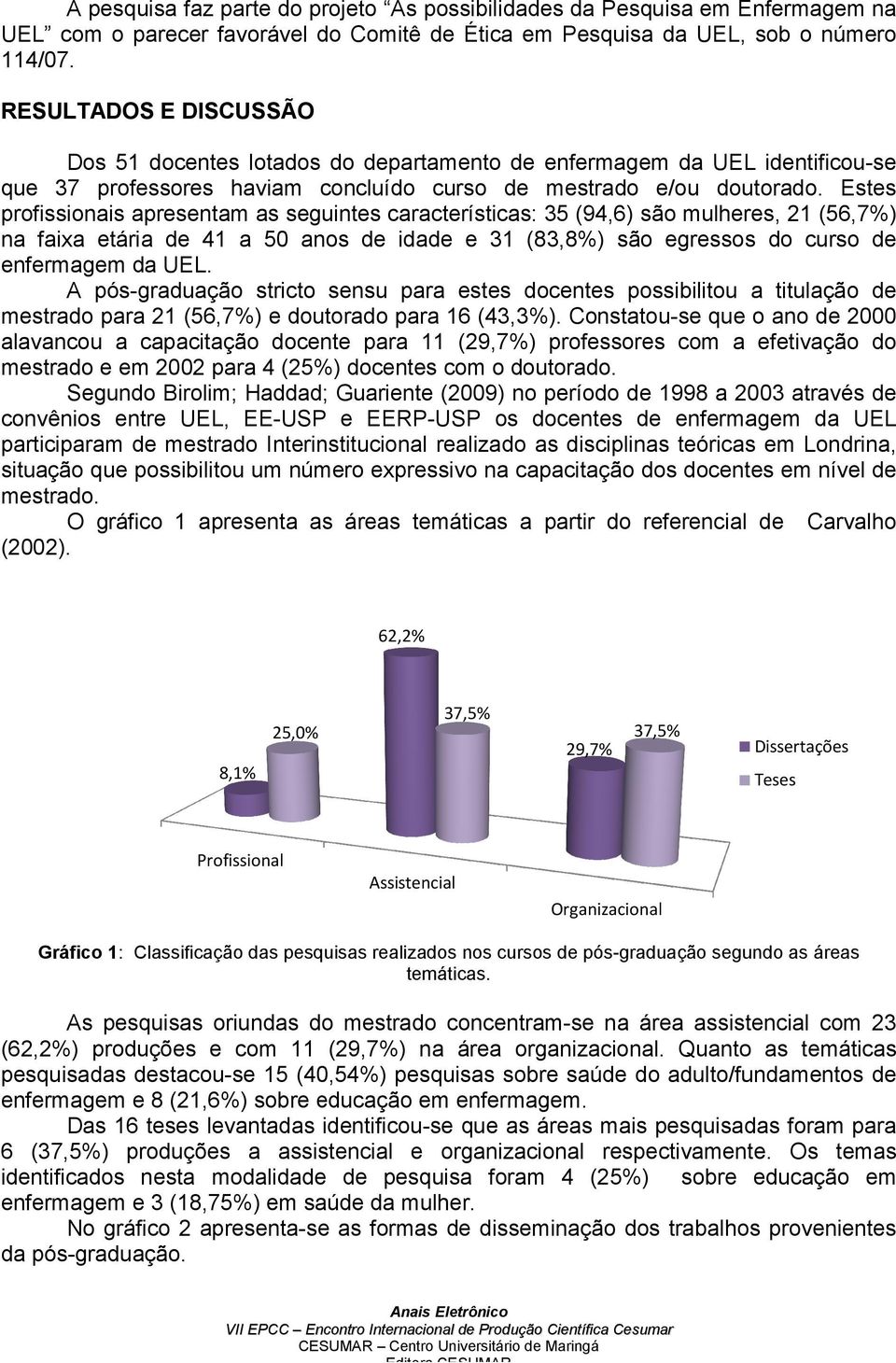 Estes profissionais apresentam as seguintes características: 35 (94,6) são mulheres, 21 (56,7%) na faixa etária de 41 a 50 anos de idade e 31 (83,8%) são egressos do curso de enfermagem da UEL.