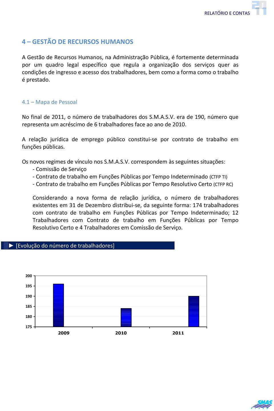 era de 190, número que representa um acréscimo de 6 trabalhadores face ao ano de 2010. A relação jurídica de emprego público constituise por contrato de trabalho em funções públicas.