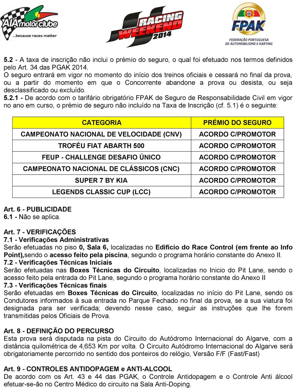 excluído. 5.2.1 - De acordo com o tarifário obrigatório FPAK de Seguro de Responsabilidade Civil em vigor no ano em curso, o prémio de seguro não incluído na Taxa de Inscrição (cf. 5.1) é o seguinte: CATEGORIA CAMPEONATO NACIONAL DE VELOCIDADE (CNV) TROFÉU FIAT ABARTH 500 FEUP - CHALLENGE DESAFIO ÚNICO CAMPEONATO NACIONAL DE CLÁSSICOS (CNC) 4.