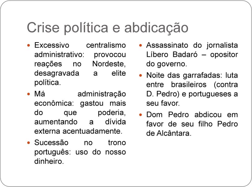 Sucessão no trono português: uso do nosso dinheiro. Assassinato do jornalista Líbero Badaró opositor do governo.