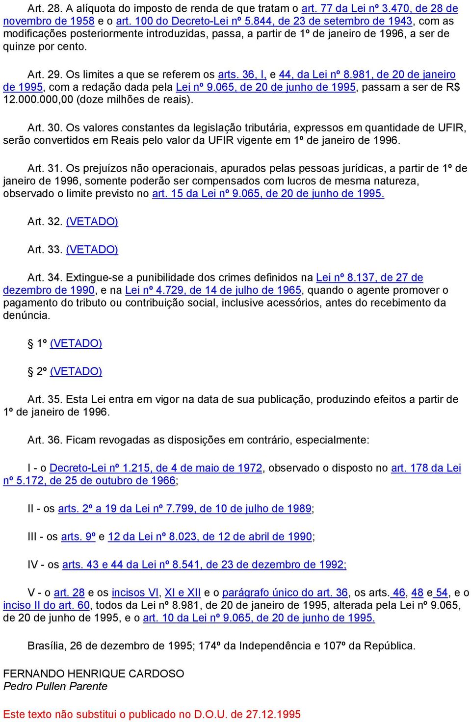 36, I, e 44, da Lei nº 8.981, de 20 de janeiro de 1995, com a redação dada pela Lei nº 9.065, de 20 de junho de 1995, passam a ser de R$ 12.000.000,00 (doze milhões de reais). Art. 30.