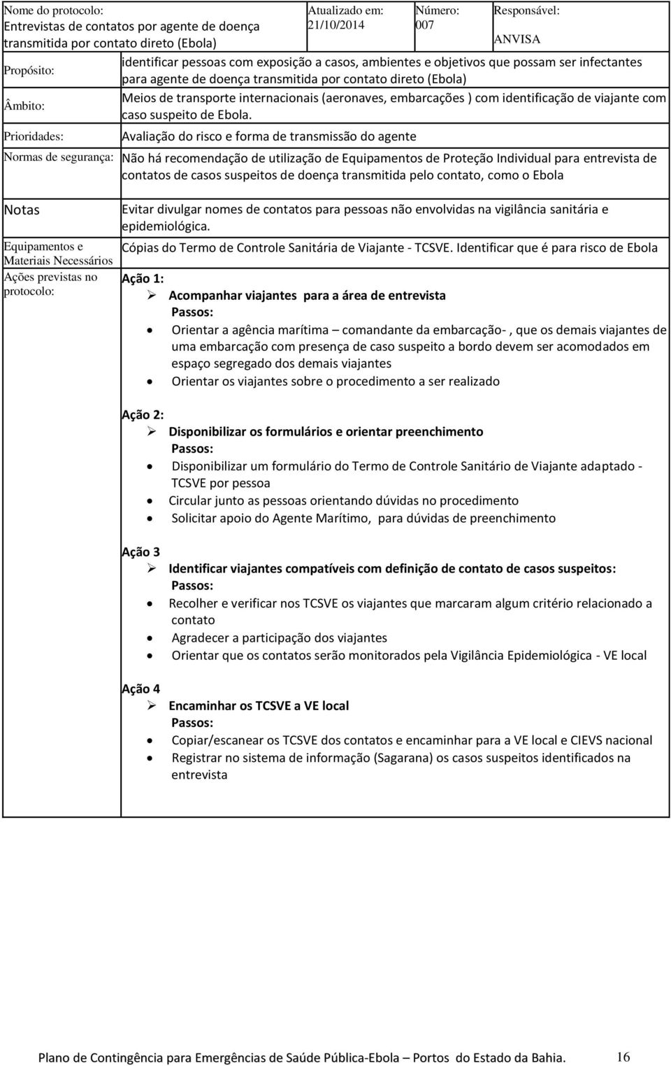 embarcações ) com identificação de viajante com caso suspeito de Ebola.