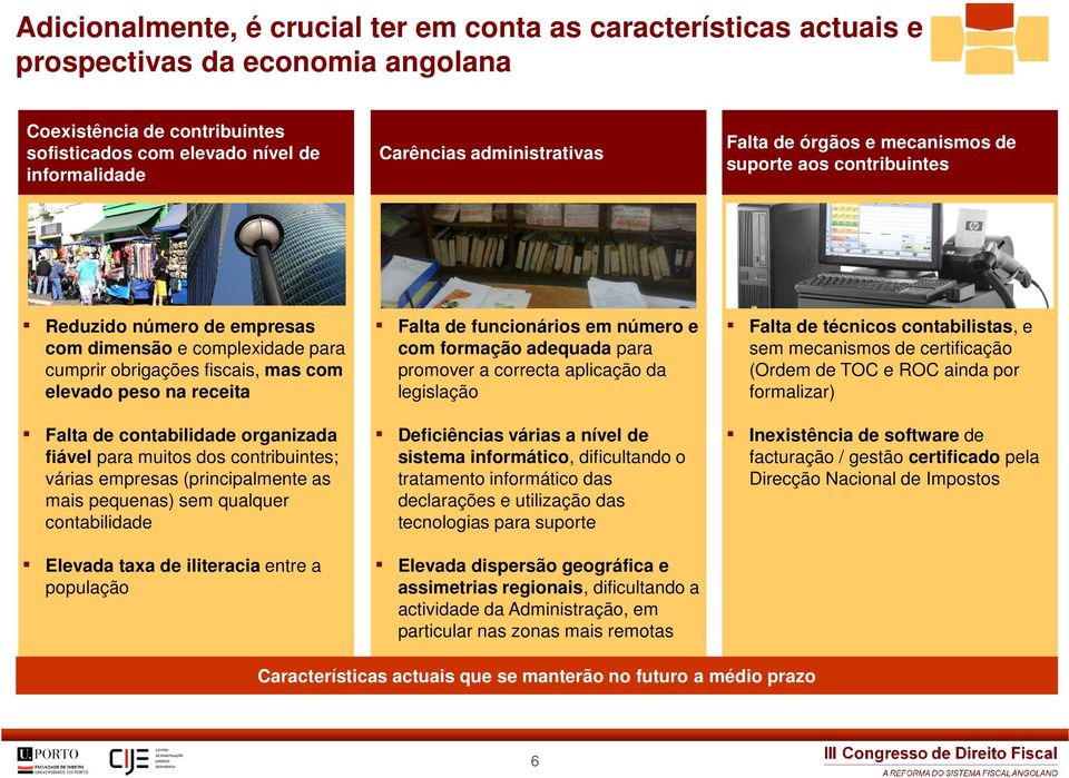 Falta de contabilidade organizada fiável para muitos dos contribuintes; várias empresas (principalmente as mais pequenas) sem qualquer contabilidade Elevada taxa de iliteracia entre a população Falta