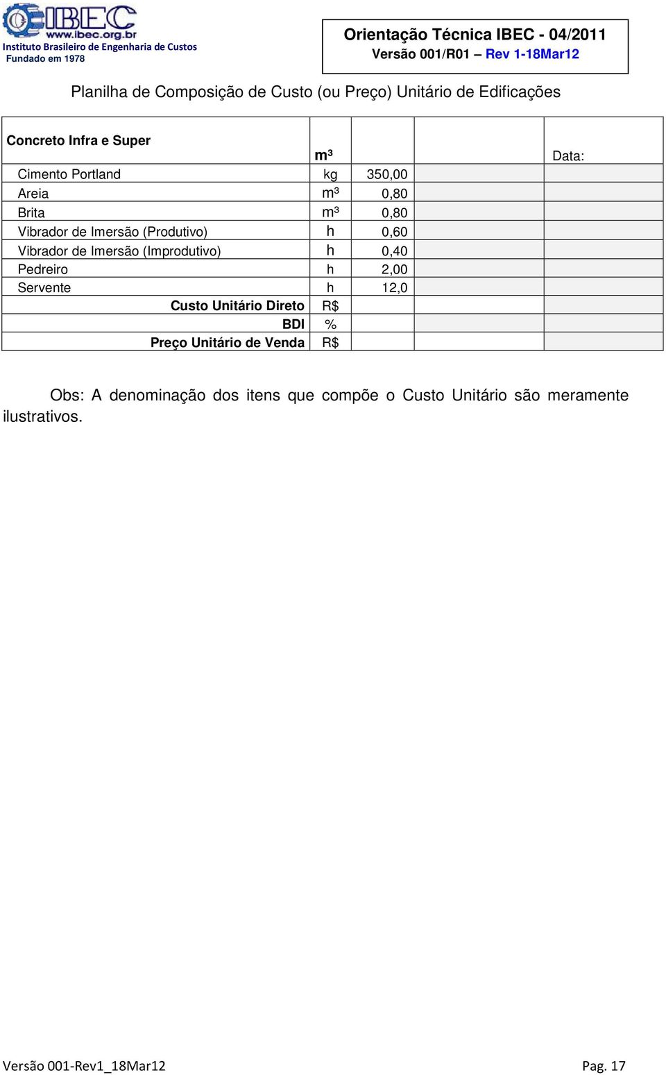 (Improdutivo) h 0,40 Pedreiro h 2,00 Servente h 12,0 Custo Unitário Direto R$ BDI % Preço Unitário de Venda