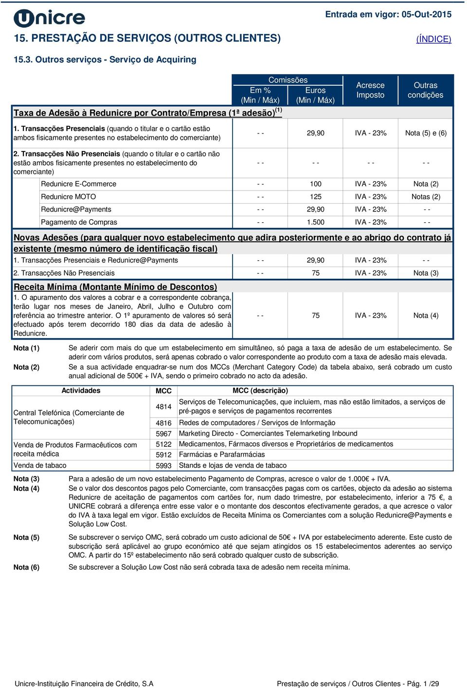 Transacções Não Presenciais (quando o titular e o cartão não estão ambos fisicamente presentes no estabelecimento do comerciante) Redunicre E-Commerce 100 IVA - 23% Redunicre MOTO 125 IVA - 23% Notas