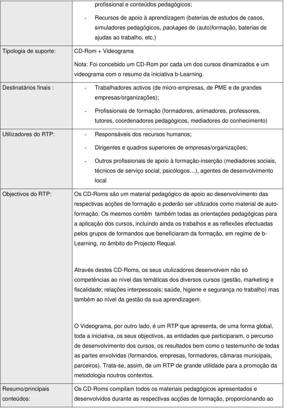 Destinatários finais : - Trabalhadores activos (de micro-empresas, de PME e de grandes empresas/organizações); - Profissionais de formação (formadores, animadores, professores, tutores, coordenadores