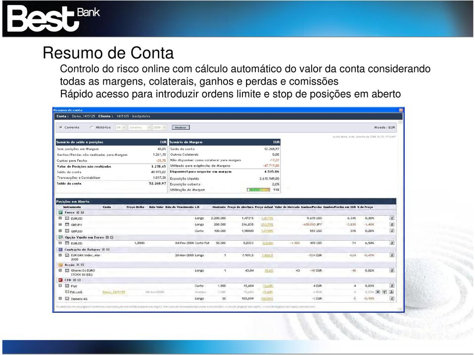 margens, colaterais, ganhos e perdas e comissões Rápido