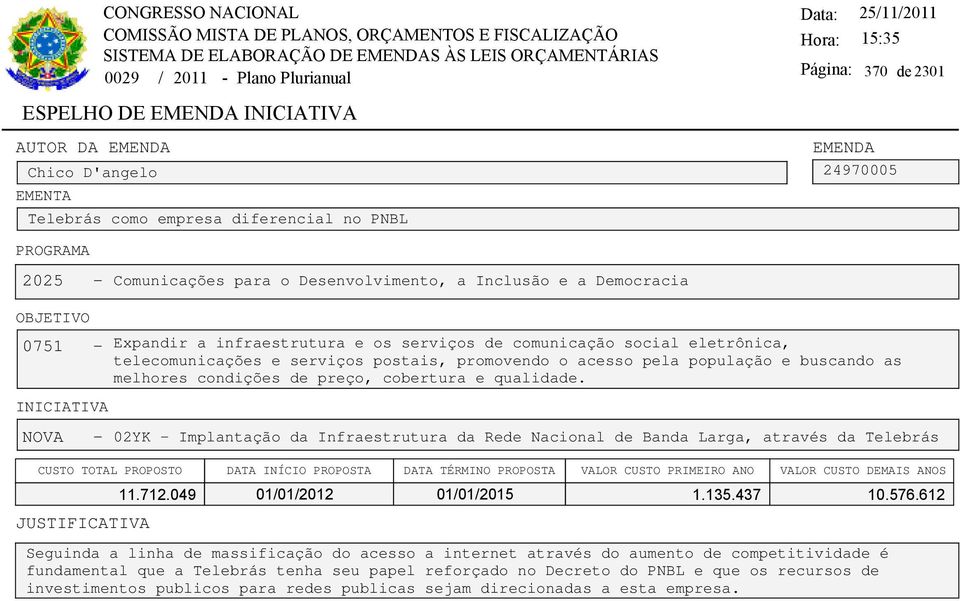 NOVA - 02YK - Implantação da Infraestrutura da Rede Nacional de Banda Larga, através da Telebrás Seguinda a linha de massificação do acesso a internet através do aumento de