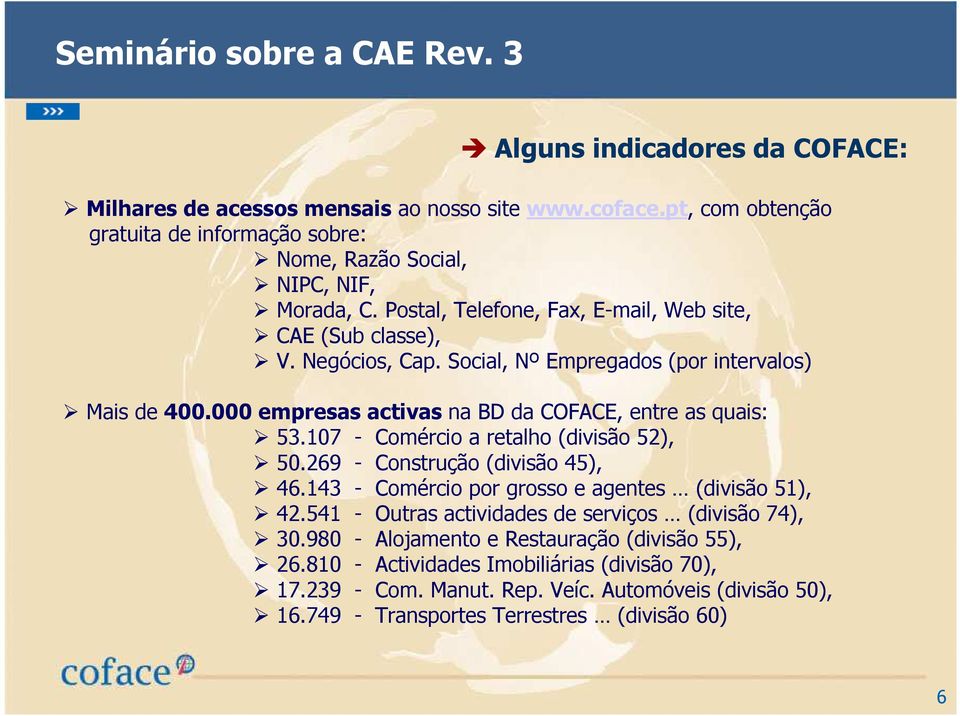 000 empresas activas na BD da COFACE, entre as quais: 53.107 - Comércio a retalho (divisão 52), 50.269 - Construção (divisão 45), 46.