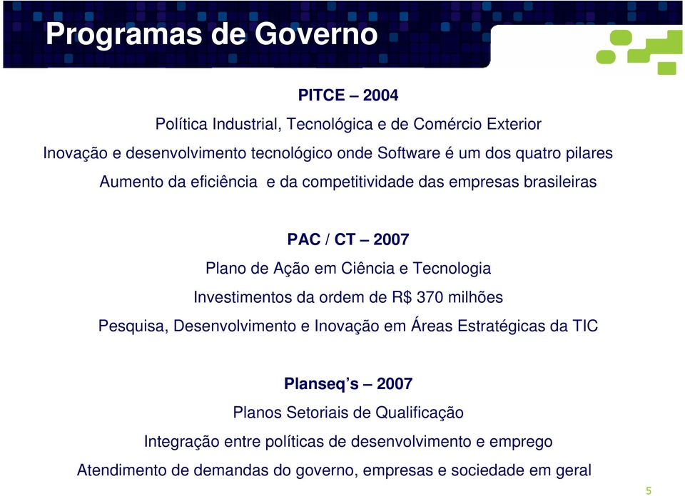 Tecnologia Investimentos da ordem de R$ 370 milhões Pesquisa, Desenvolvimento e Inovação em Áreas Estratégicas da TIC Planseq s 2007 Planos