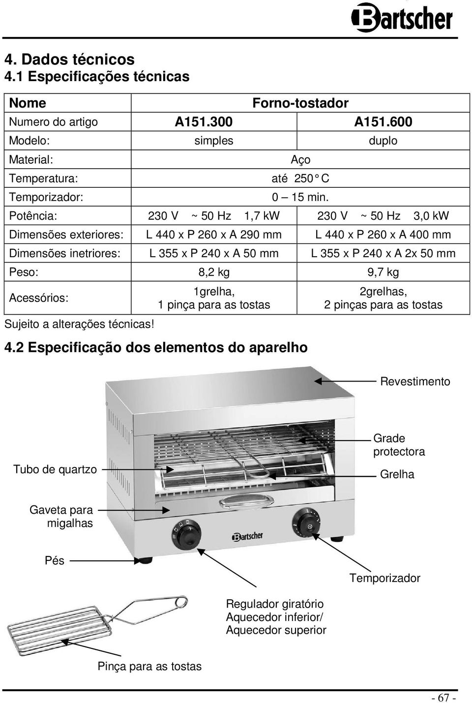 240 x A 2x 50 mm Peso: 8,2 kg 9,7 kg Acessórios: Sujeito a alterações técnicas! 1grelha, 1 pinça para as tostas 4.