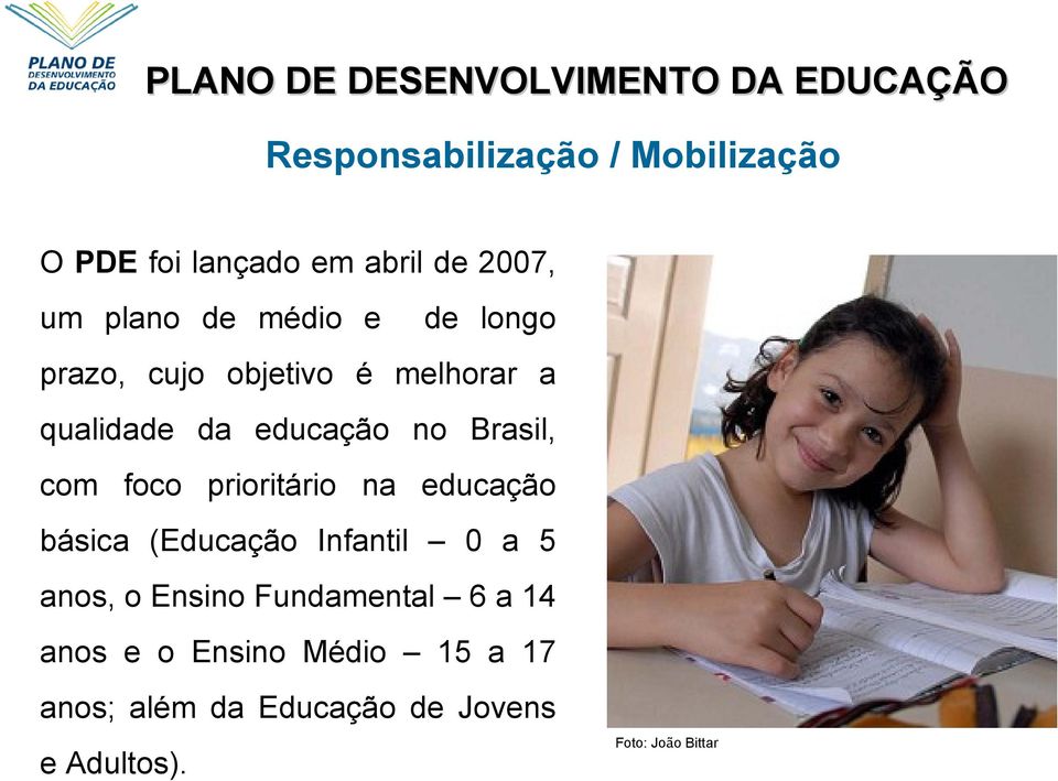 Brasil, com foco prioritário na educação básica (Educação Infantil 0 a 5 anos, o Ensino