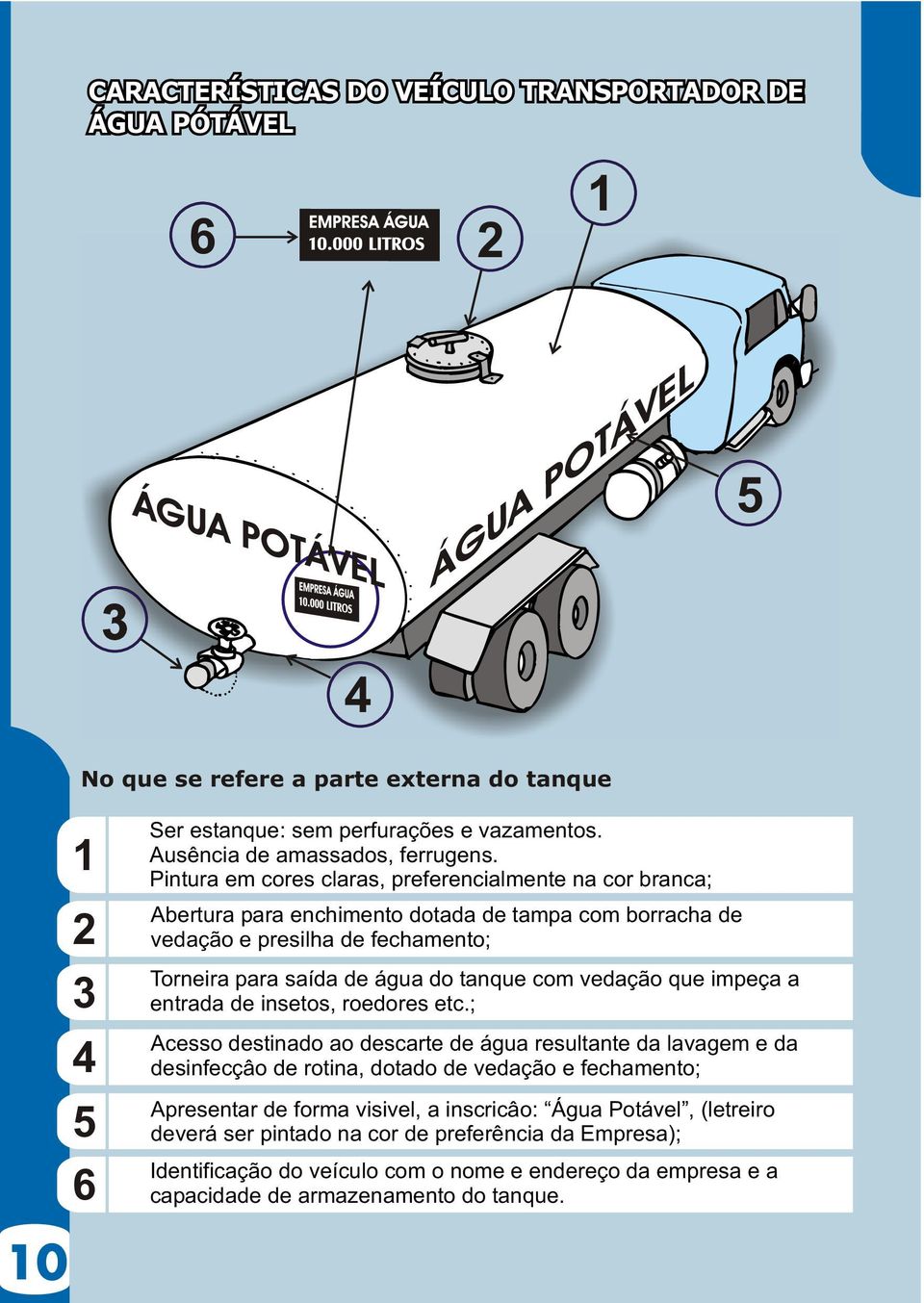 Pintura em cores claras, preferencialmente na cor branca; Abertura para enchimento dotada de tampa com borracha de vedação e presilha de fechamento; Torneira para saída de água do tanque com vedação