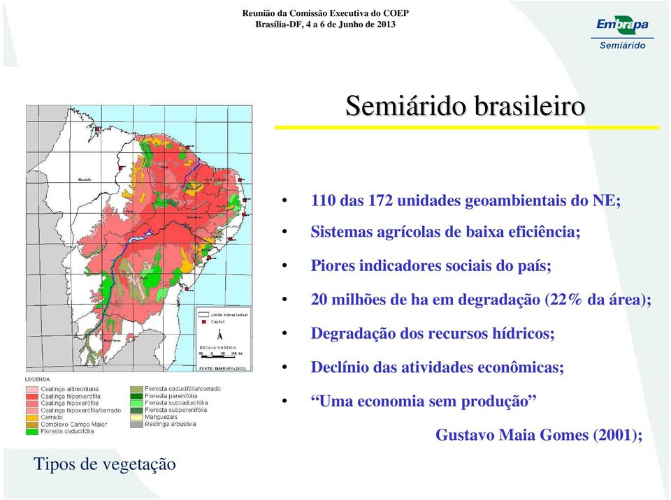 degradação (22% da área); Degradação dos recursos hídricos; Declínio das