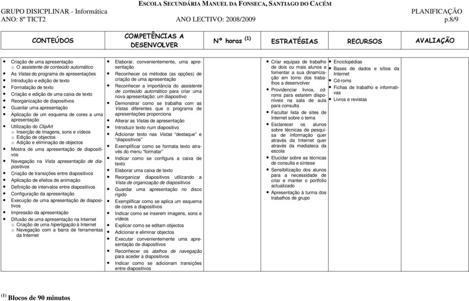 Reorganização de diapositivos Guardar uma apresentação Aplicação de um esquema de cores a uma apresentação Utilização do ClipArt o Inserção de imagens, sons e vídeos o Edição de objectos o Adição e