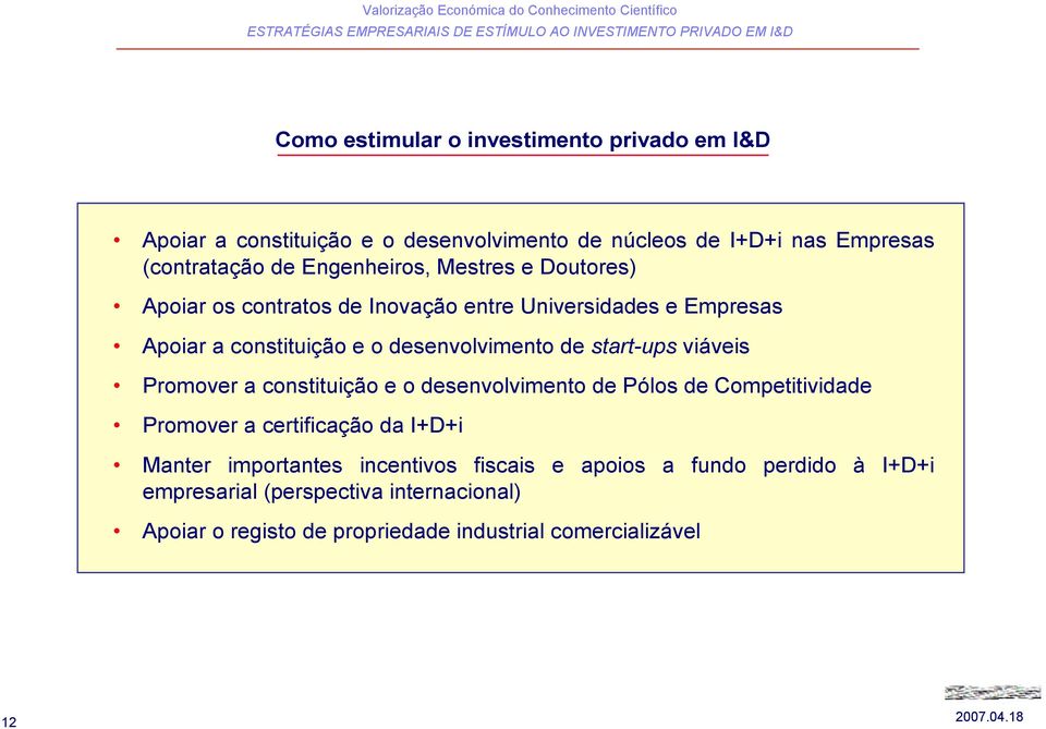 start-ups viáveis Promover a constituição e o desenvolvimento de Pólos de Competitividade Promover a certificação da I+D+i Manter importantes