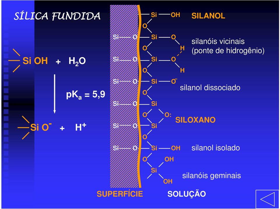 silanóis vicinais (ponte de hidrogênio) silanol dissociado SILOXANO