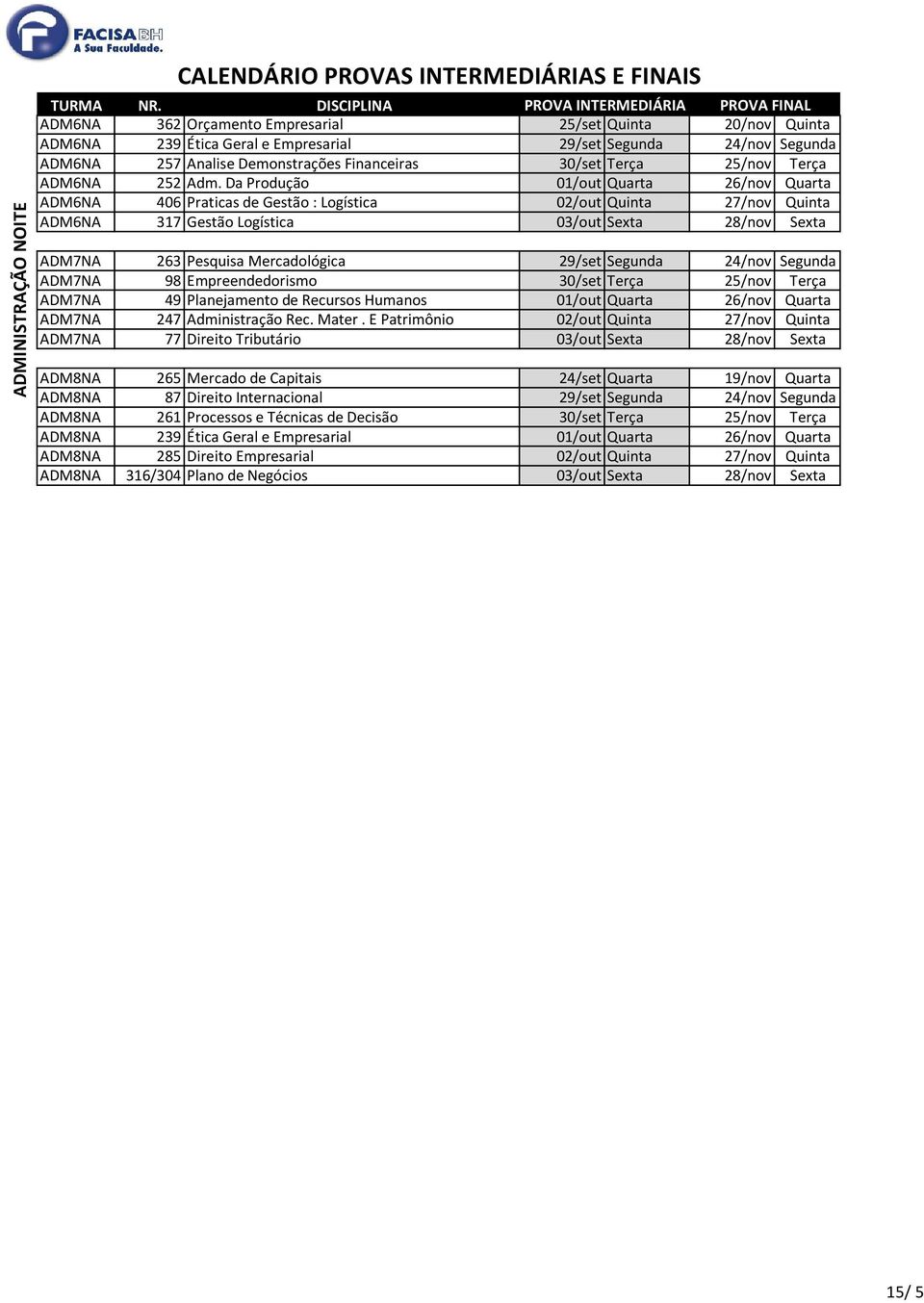 Da Produção 01/out Quarta 26/nov Quarta ADM6NA 406 Praticas de Gestão : Logística 02/out Quinta 27/nov Quinta ADM6NA 317 Gestão Logística 03/out Sexta 28/nov Sexta ADM7NA 263 Pesquisa Mercadológica