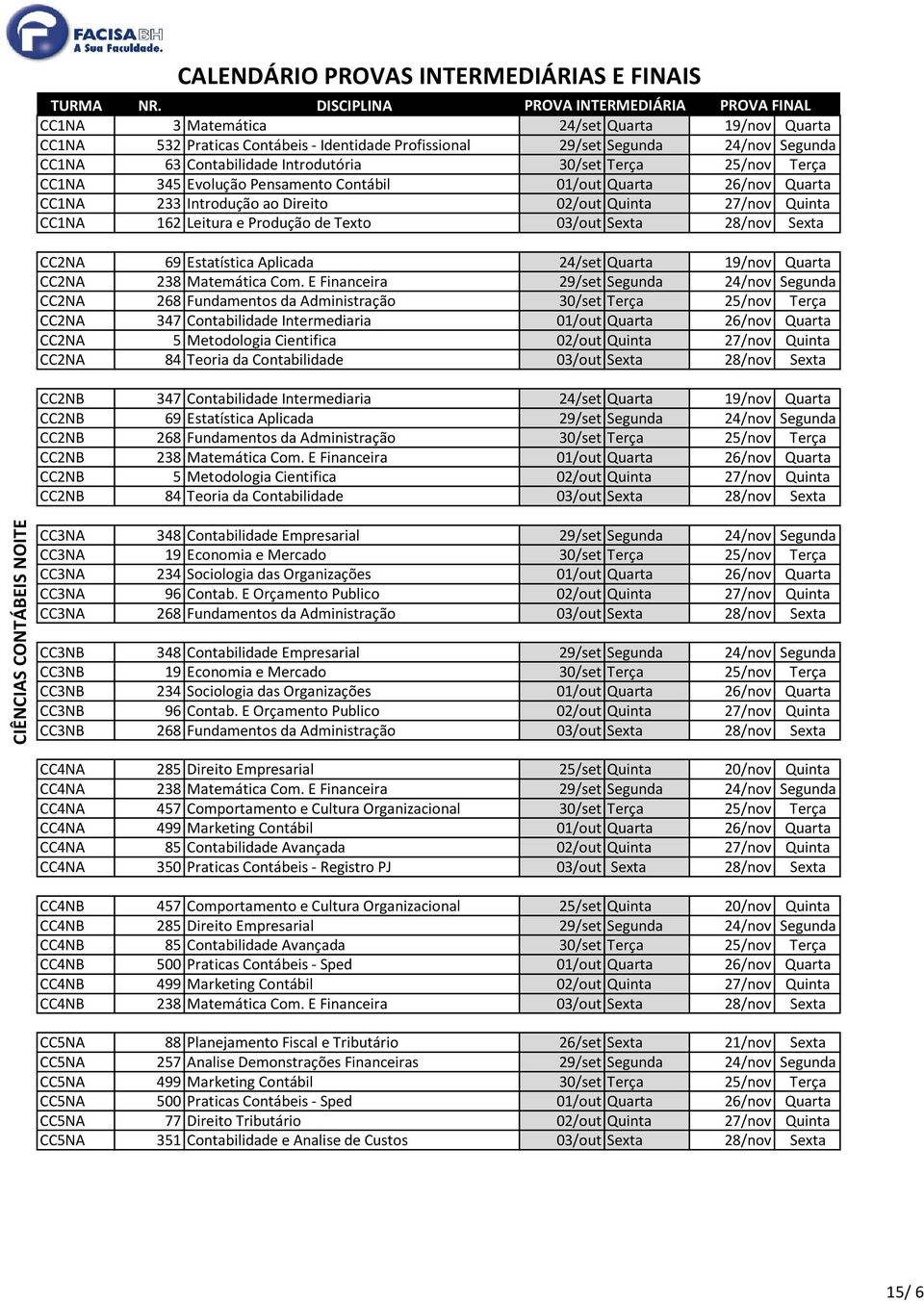 Estatística Aplicada 24/set Quarta 19/nov Quarta CC2NA 238 Matemática Com.