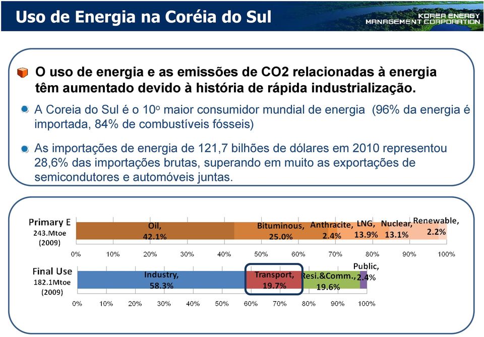 A Coreia do Sul é o 10 o maior consumidor mundial de energia (96% da energia é importada, 84% de combustíveis