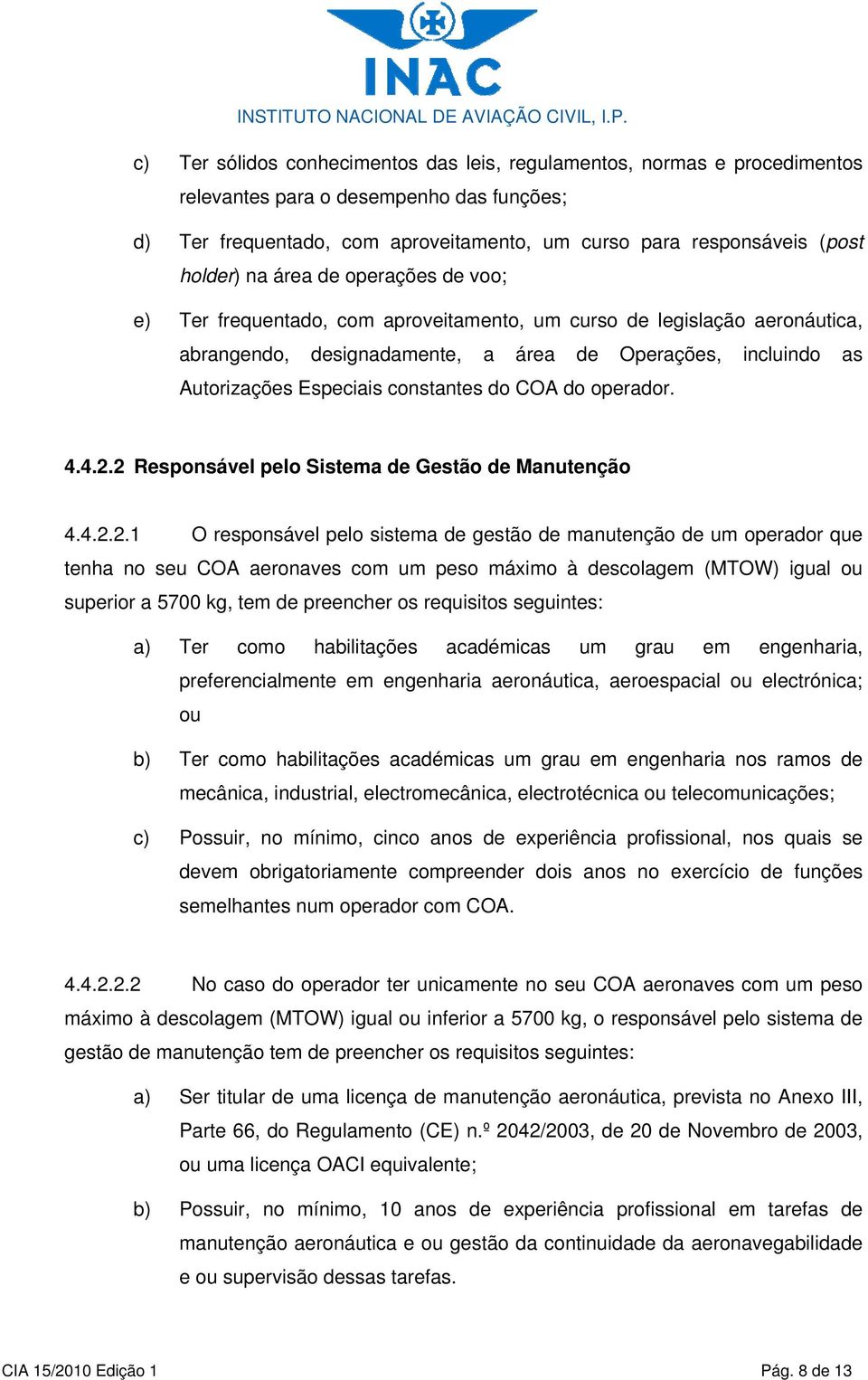 constantes do COA do operador. 4.4.2.