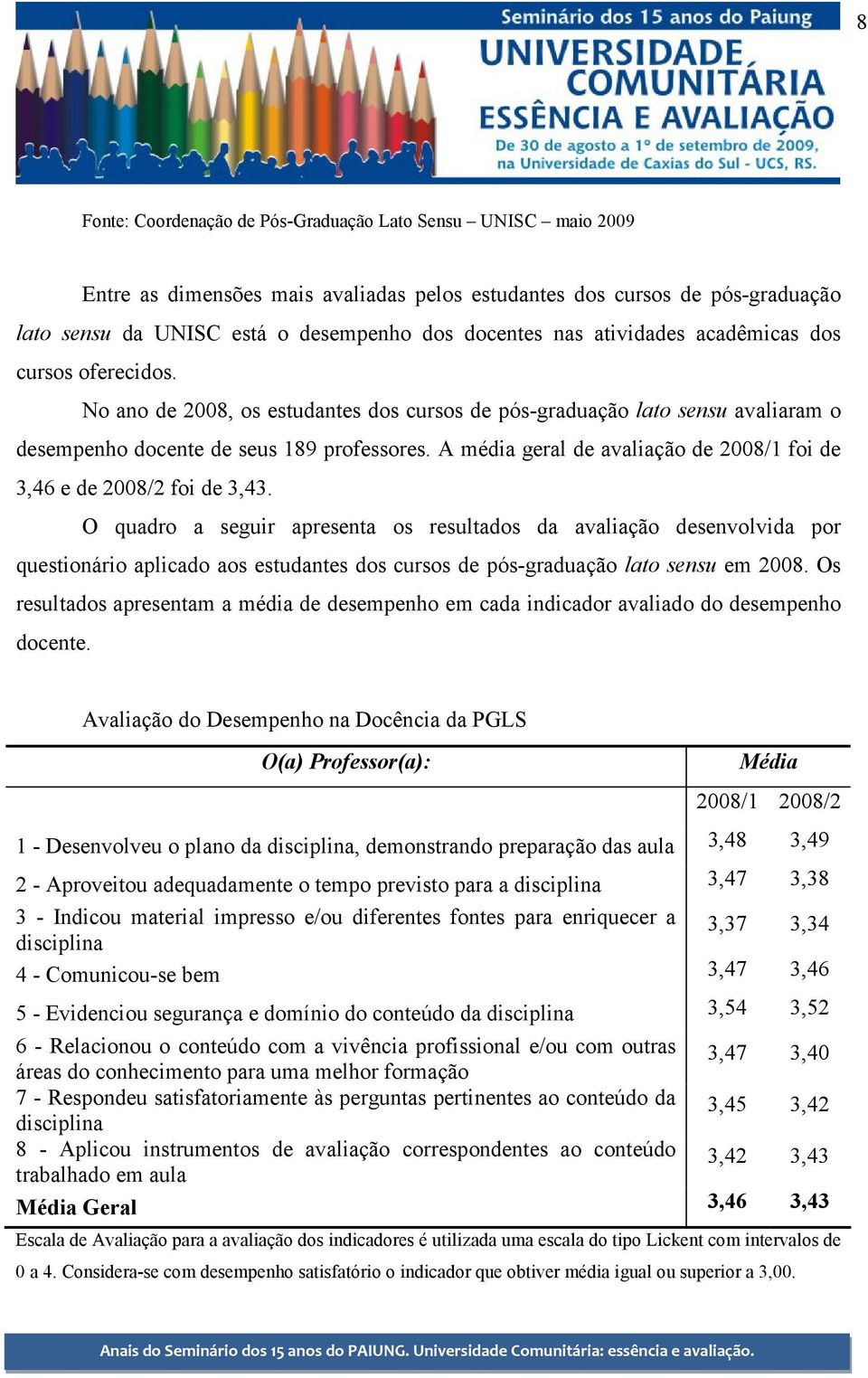 A média geral de avaliação de 2008/1 foi de 3,46 e de 2008/2 foi de 3,43.